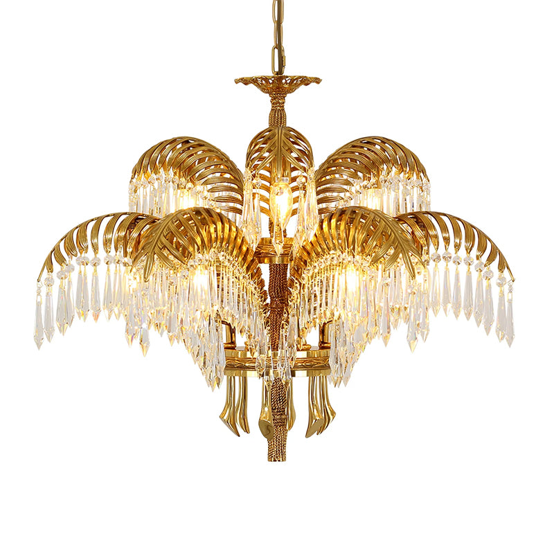 Brass Palm Leaf Crystal Chandelier Light