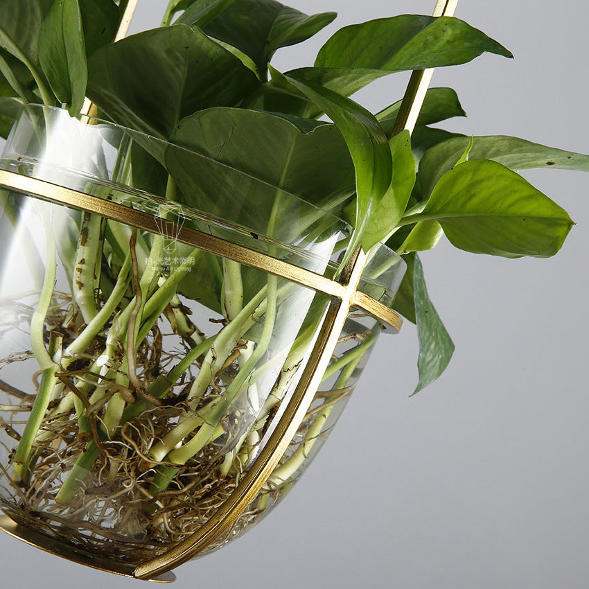 Hanging plant vase pendant light in brass