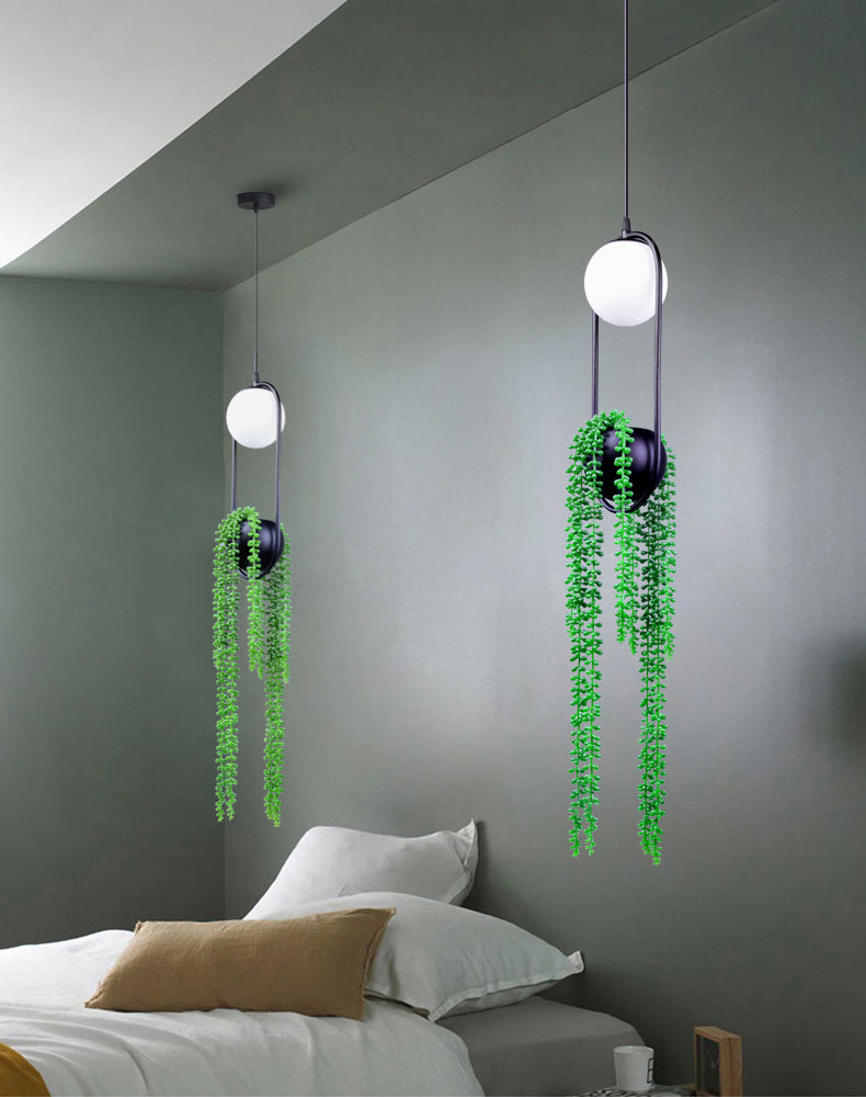 Hanging plant vase pendant light in brass