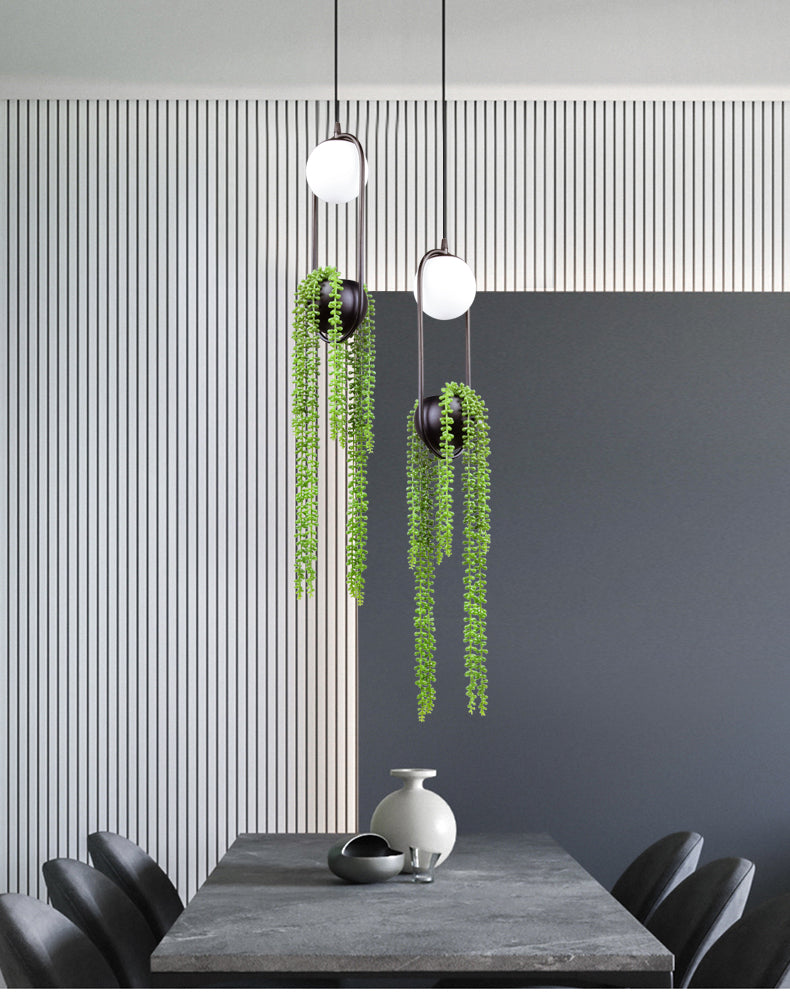 Hanging plant vase pendant light in brass