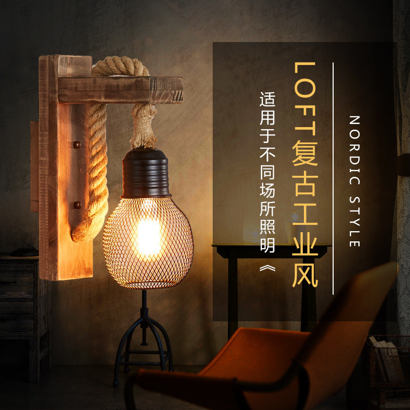Antique Wooden Retro Wall Lamp with Mesh Shade